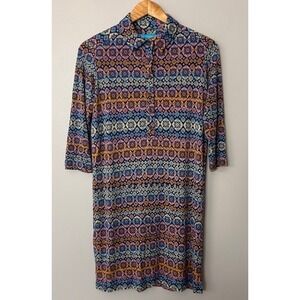 Tori Richard Dress Womens Medium 3/4 Sleeve Shift Floral Mosaic Tropical Hawaii